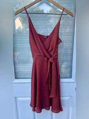 Express Rust Wrap Midi Dress with Tie Waist